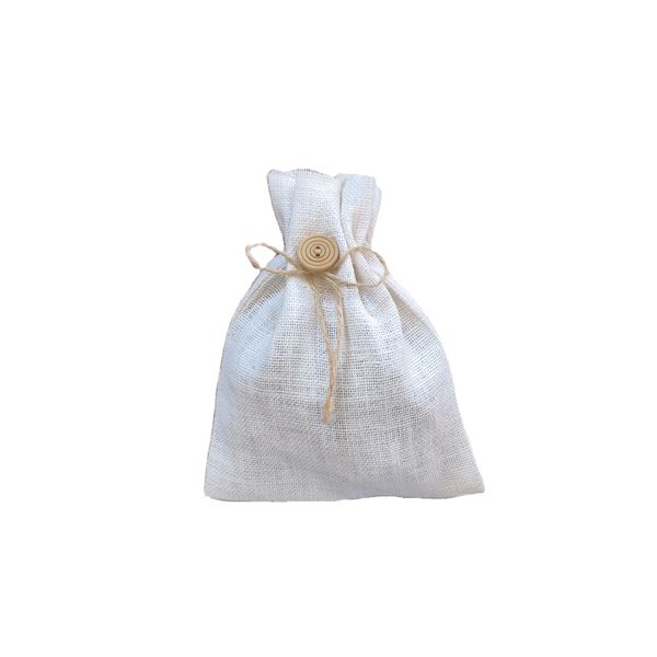 Jutový dárkový sáček bělený 25 x 20 cm s knoflíkem a přírodní šňůrkou